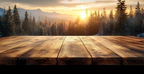 A stunning sunrise over a serene forest with wooden planks in the foreground. Ideal for nature lovers and outdoor enthusiasts seeking tranquility. Copy space