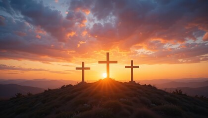 Three Crosses Silhouette at Sunset Religious Symbolism and Hope