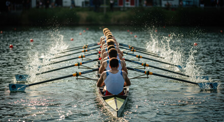 Rowing oars synchronized team boat water movement
