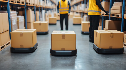 Robots collaborating with workers in a modern warehouse efficient logistics center industrial environment innovative technology futuristic concept