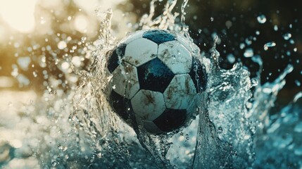 Fototapeta premium Dirty soccer ball splashing in water, sunlit background.