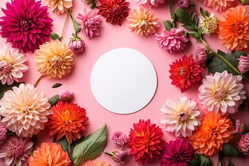 Colorful dahlias and leaves arranged around a white circle