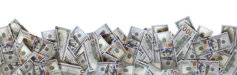 Lot of cash US hundred dollar bills isolated for money background  border.