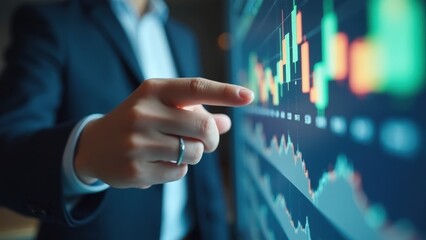 Man pointing at a computer screen with a green and red line graph