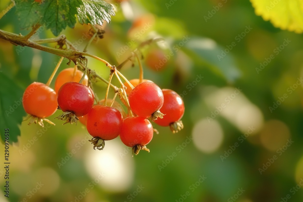 Poster a cluster of ripe red berries hangs from a tree branch, perfect for nature and outdoor themed design