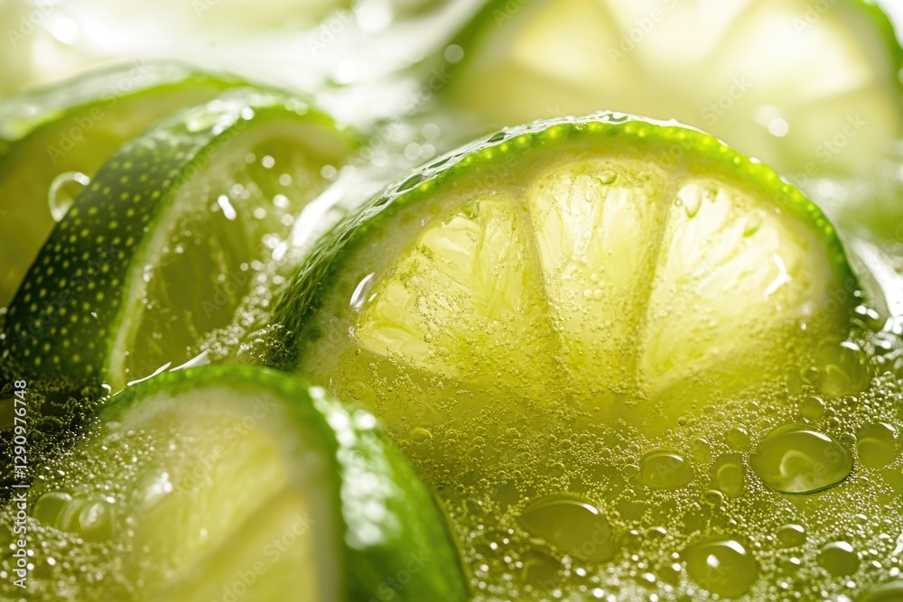 Poster a close-up shot of a slice of lime with its green skin and juicy pulp visible