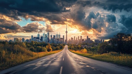 Obraz premium Majestic sunset over a city skyline with a winding road leading in