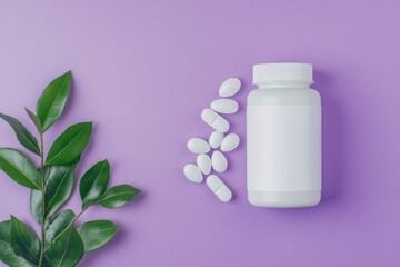 a white supplement bottle with a blank label on a purple background, filled with round pills and green leaves next to it.
