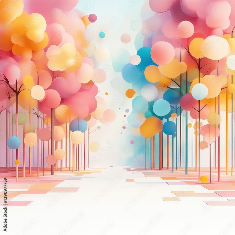Poster abstract colorful tree landscape with soft pastel hues and geometric shapes