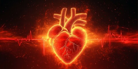 Fototapeta premium Fiery Human Heart Anatomically Accurate Illustration with Heartbeat Graph, Vibrant Colors
