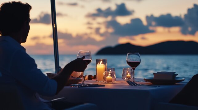 Lottery jackpot winner enjoying a gourmet dinner on a private yacht. Featuring indulgence and wealth