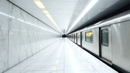 Empty subway station with metal train and white light interior. City transport system
