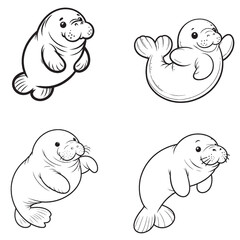 High-Quality Cute Cartoonic Manatee Jumping Pose Vector Illustrations