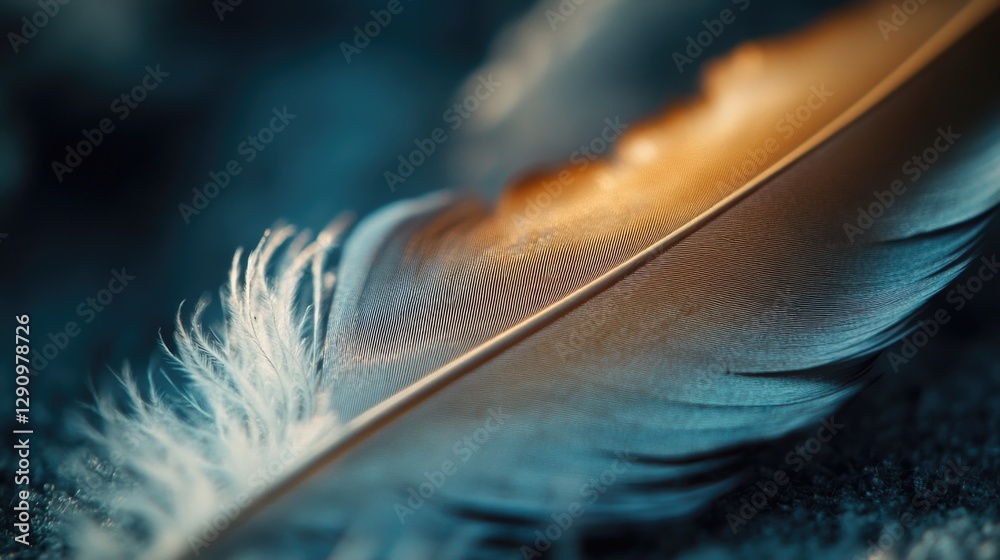 Poster a detailed view of a single feather lying on a table
