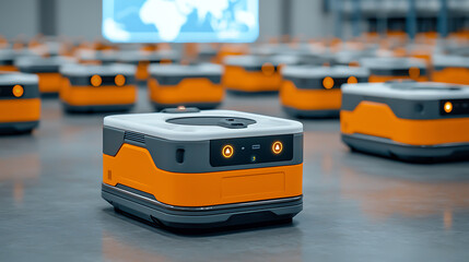Fototapeta premium Aidriven logistics robots organizing inventory in a modern warehouse environment high-tech facility optimized operations futuristic viewpoint