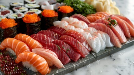 A variety of sushi is artfully arranged on a stone plate. The display includes different types of sashimi, rolls, and garnishes, creating a vibrant culinary experience.