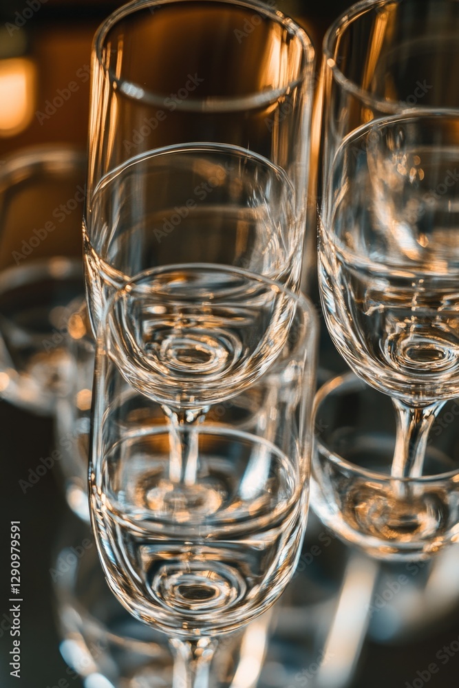 Poster a group of wine glasses placed neatly on a table, suitable for use in still life photography or prod