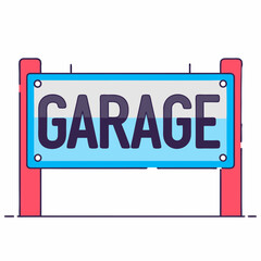 Graphic illustration of a garage sign with bold lettering on a simple frame