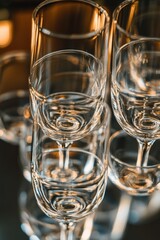 A group of wine glasses placed neatly on a table, suitable for use in still life photography or product displays