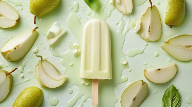 Green pear popsicle surrounded by slices of fresh pears on light background