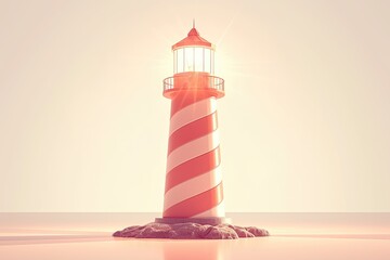 A red and white striped lighthouse emits bright light