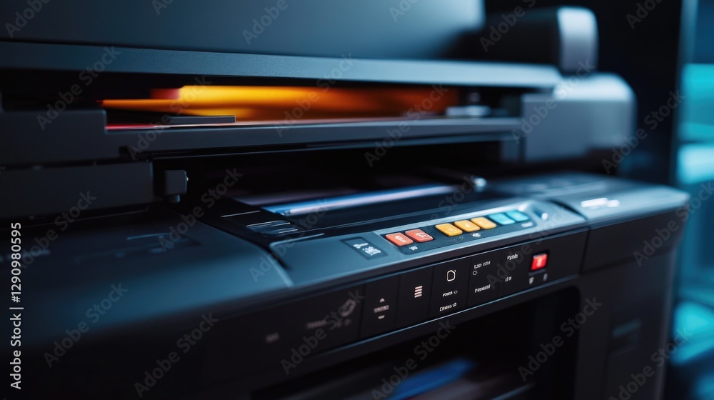 Poster A close-up view of a printer sitting on a desk, suitable for illustrating office or work-related concepts