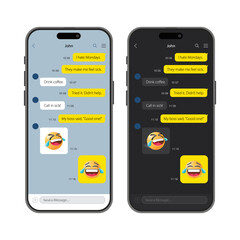 Smartphone with Social Messenger App: SMS Template with Chat Frame, Speech Bubble Design, Light and Dark Modes. Vector.