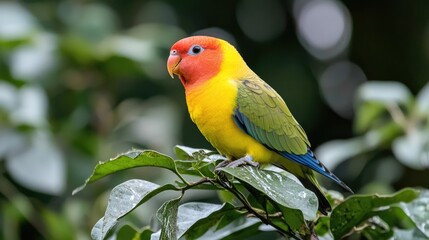 Naklejka premium Colorful Parrot Perched on Branch in Lush Foliage. Possible use Nature photography