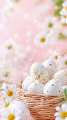 Fototapeta premium Easter eggs in wicker basket with daisies on pink background