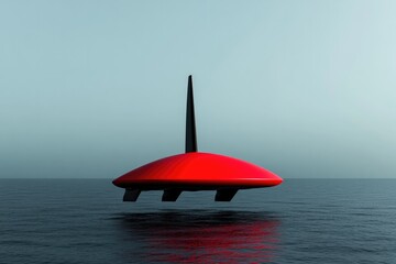 Floating red object with sleek design contrasts against calm oce