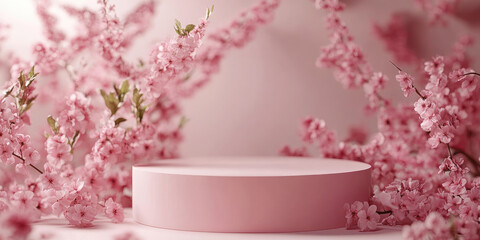 Empty round podium set against a pink background, with gentle light and scattered petals.Perfect for Mother's Day, Women's day, March 8,Easter. Podium for product presentation and demonstration.