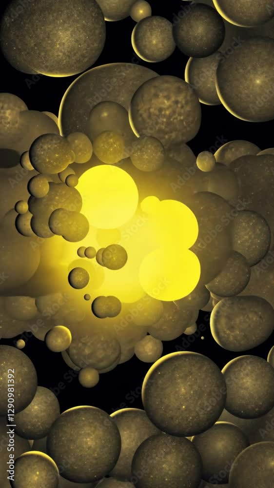Poster a bunch of yellow and brown spheres are floating in the air. some of them are close together, while 