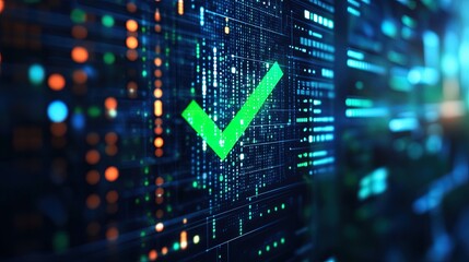 Green checkmark overlay on a digital dashboard, analytics and performance metrics background  