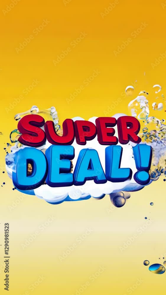 Poster a yellow background with blue and red letters that say super deal!. the letters are in a 3d style