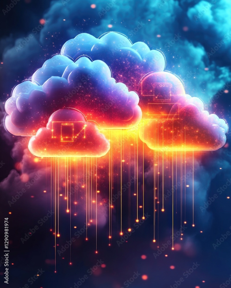 Poster vibrant digital clouds with glowing elements and atmospheric effects