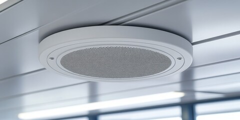 Modern White Round Ceiling-Mounted Speaker. Audio System, Technology. Interior Design Element
