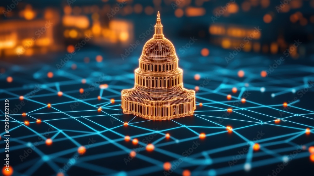 Poster Illuminated Capitol Building on Network Grid with Abstract Connections