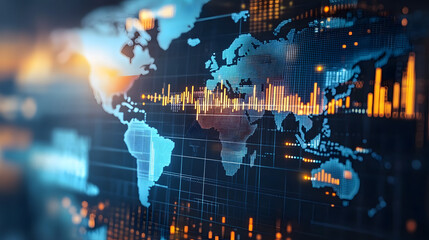 High-resolution image of financial graphs and charts overlaying a world map.