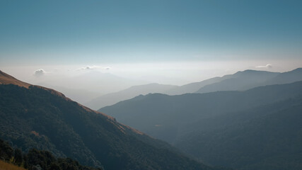 GHOREPANI, NEPAL - JANUARY 10, 2025: Ghorepani day trek with stunning mountain views and rich nature in Nepal's Annapurna, pan.