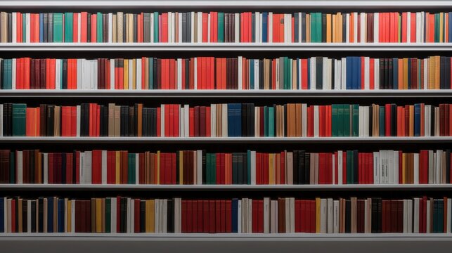 Colorful books arranged neatly on shelves create vibrant, inviti