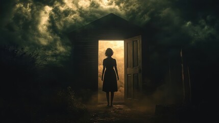A silhouette of a woman stands in a doorway at night