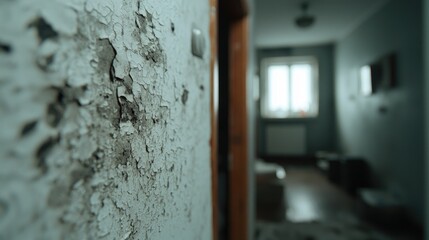 Peeling paint on interior wall, hallway, glimpse of room