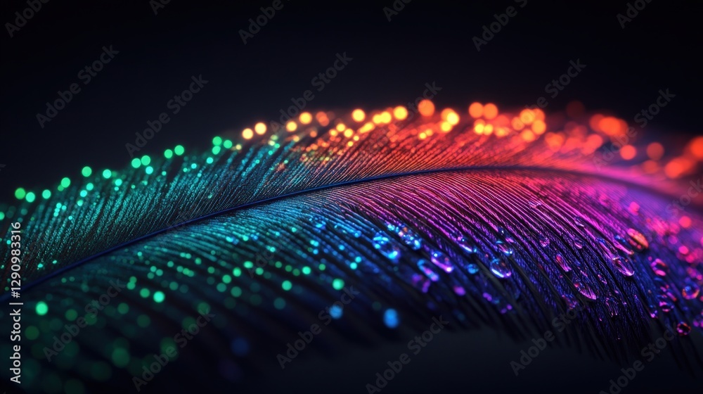 Poster vivid rainbow feather with droplets glimmering in soft focus background
