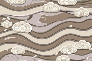 Abstract Beige and Brown Wavy Pattern with Stylized Clouds