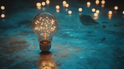 Glowing light bulb with neural network inside, symbolizing artificial intelligence innovation, creativity, and futuristic technology on a blue background with vibrant digital elements.