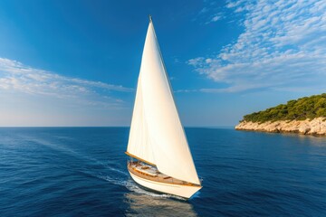 Fototapeta premium Sailboat glides smoothly across calm waters under bright blue sk