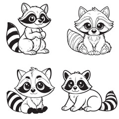 Cute Cartoonic Raccoon Sitting Pose Vector Illustrations