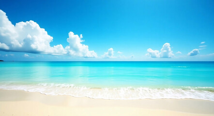 Obraz premium Summer vacation, tropical beach with blue sky and sea for relaxation, panoramic beach background, summer holiday with beautiful nature sand, sunlight, ocean water