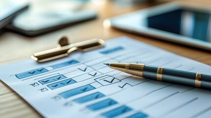 Close-up of a checklist with completed tasks, pen and digital tablet on a desk  