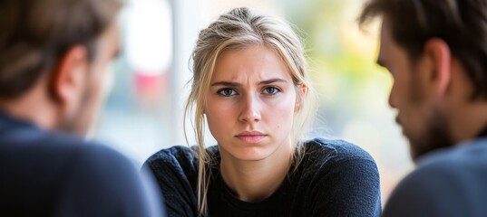 Obraz premium Uncomfortable Encounter Young Woman Between Two Men in Confrontational Office Situation